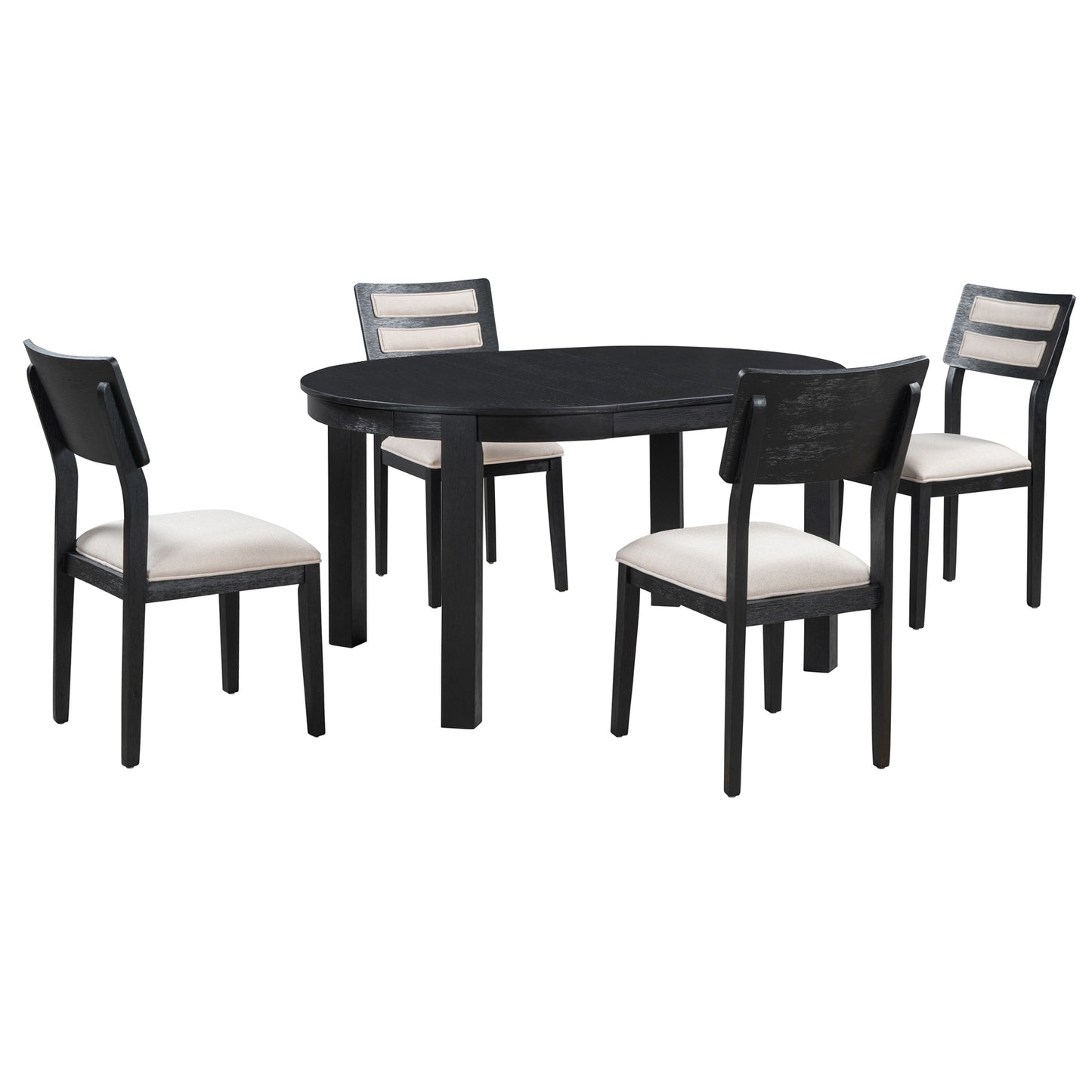 TREXM 5-Piece Multifunctional Dining Table Set, Farmhouse Dining Set with Extendable Round Table,Two Small Drawers and 4 Upholstered Dining Chairs for Kitchen and Dining Room (Black)