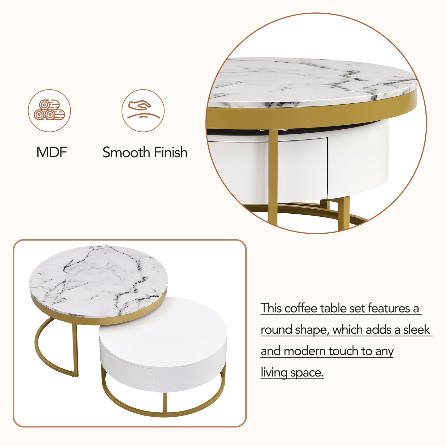 Contemporary White and Gold Nesting Coffee Table with Storage Drawers