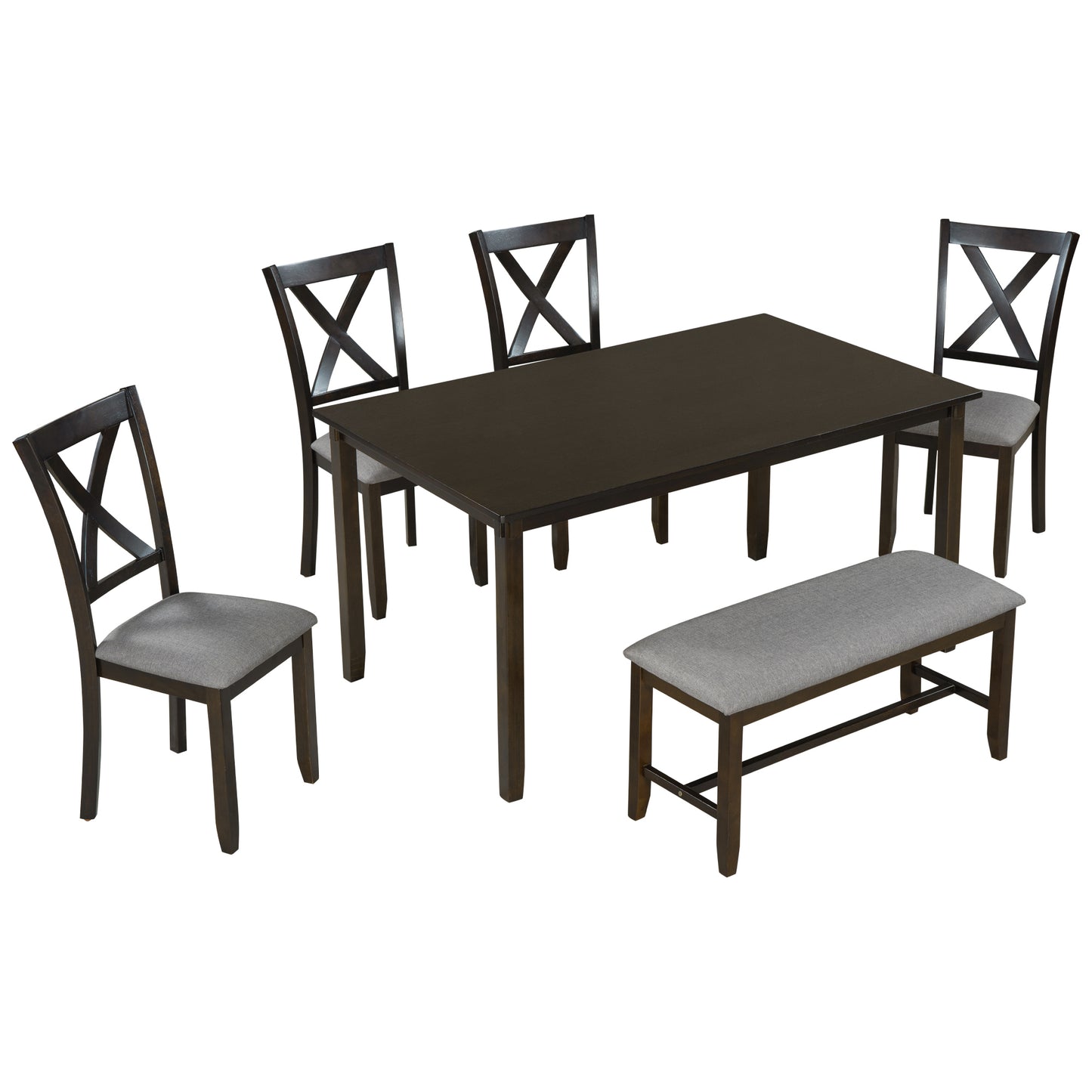 TREXM 6-Piece Kitchen Dining Table Set Wooden Rectangular Dining Table, 4 Fabric Chairs and Bench Family Furniture (Espresso)