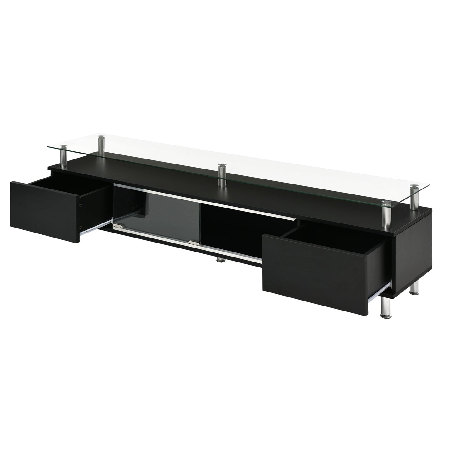 Modern Black Glass TV Stand with Sliding Door