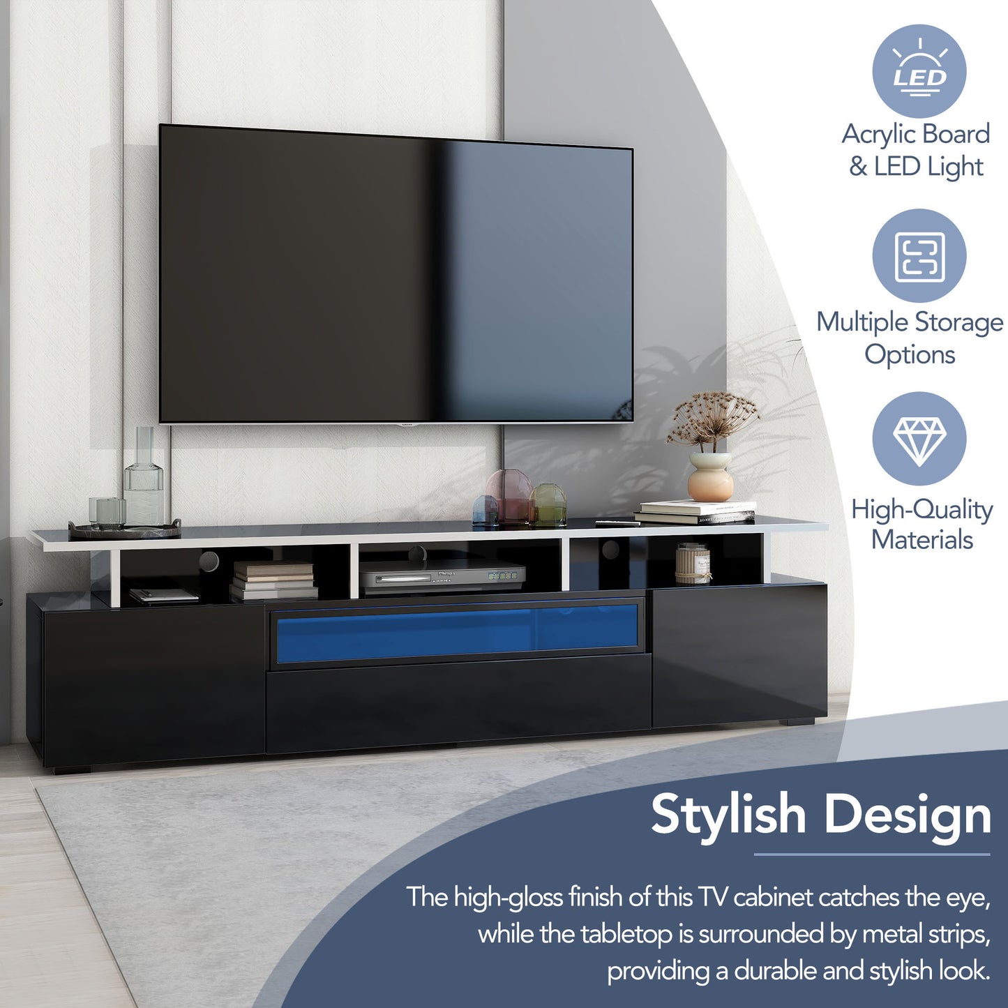 Stylish Black TV Stand with LED Lights and Acrylic Board