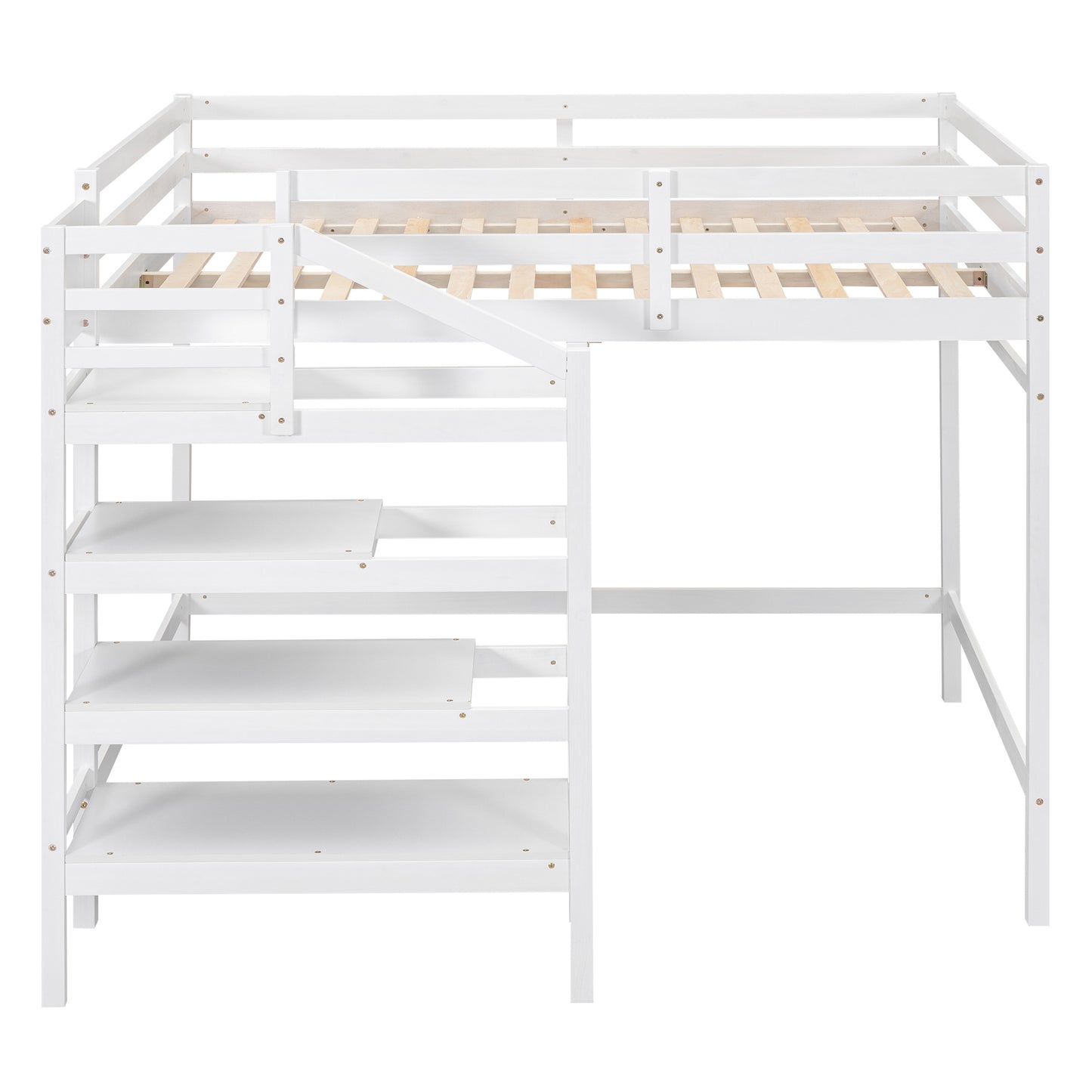 Full Size Loft Bed with Built-in Storage Staircase and Hanger for Clothes, White