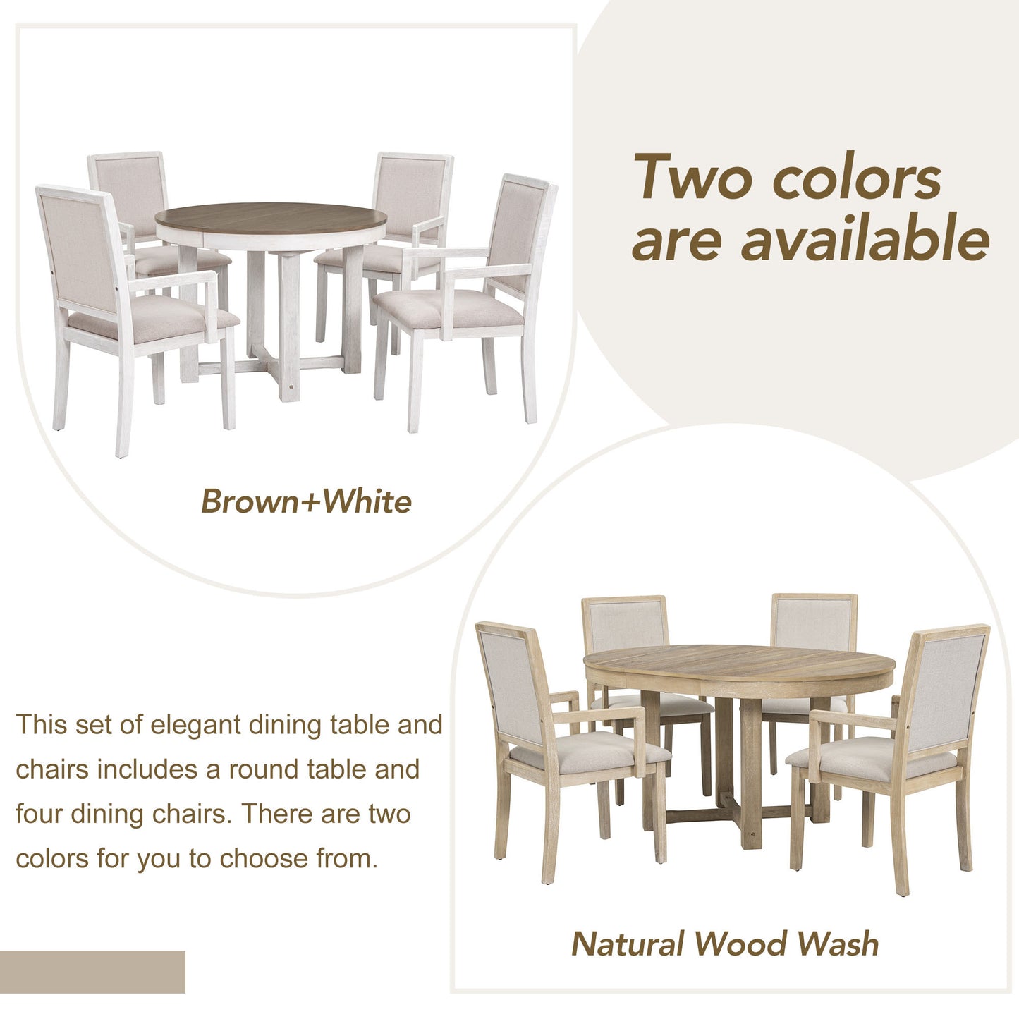 TREXM 5-Piece Dining Table Set, Two-Size Round To Oval Extendable Butterfly Leaf Wood Dining Table and 4 Upholstered Dining Chairs with Armrests (Natural Wood Wash)