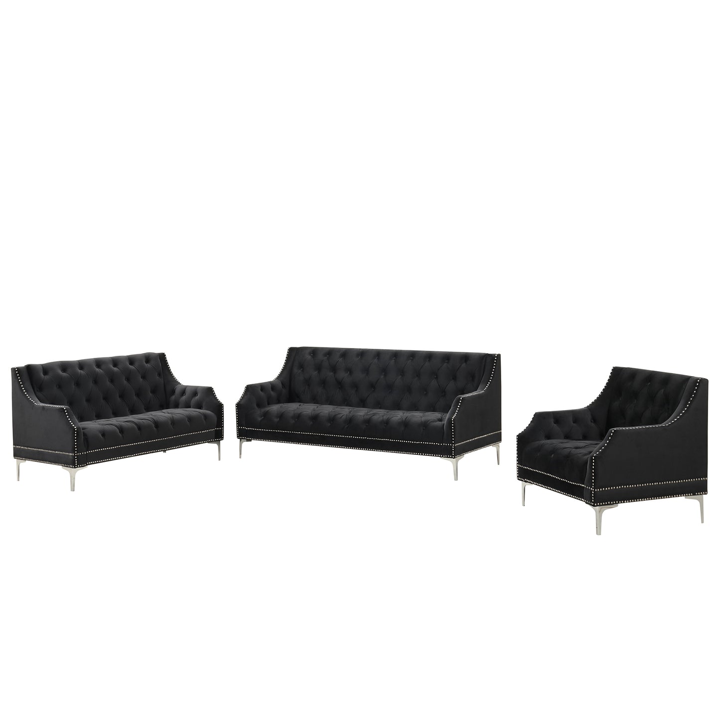 Modern three-piece sofa set with metal legs, buttoned tufted backrest, frosted velvet upholstered sofa set including three-seater sofa, double seater and living room furniture set Single chair