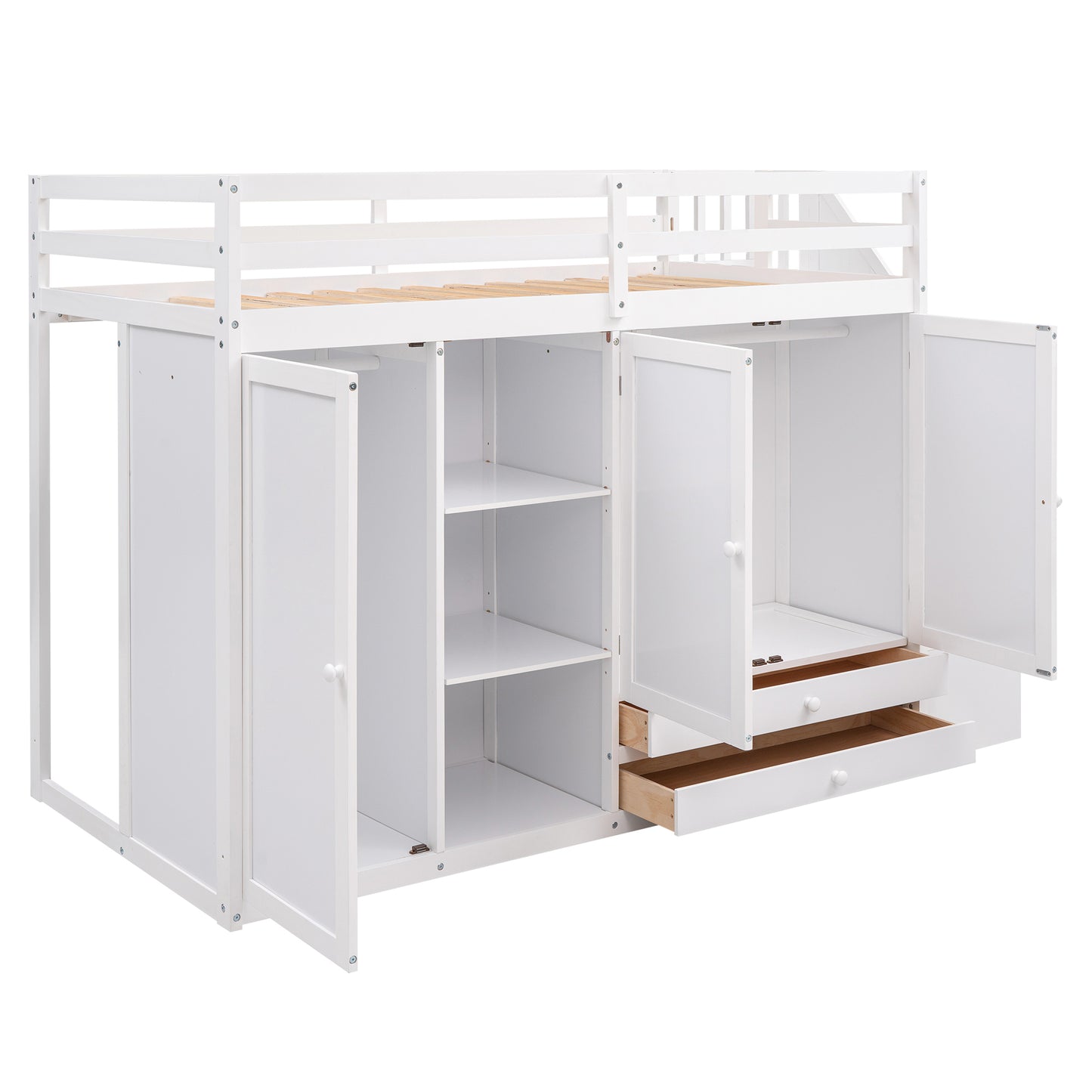 Functional Loft Bed with 3 Shelves, 2 Wardrobes and 2 Drawers,  Ladder with Storage, No Box Spring Needed, White