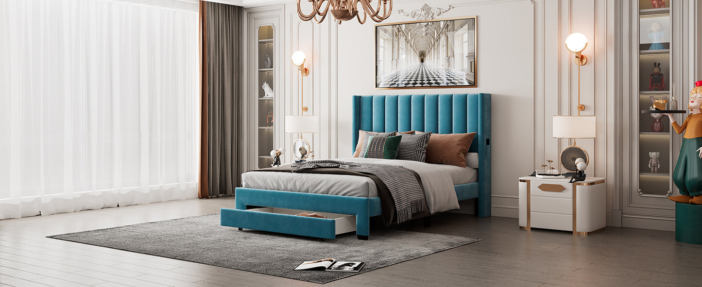 Queen Size Storage Bed Velvet Upholstered Platform Bed with a Big Drawer - Blue