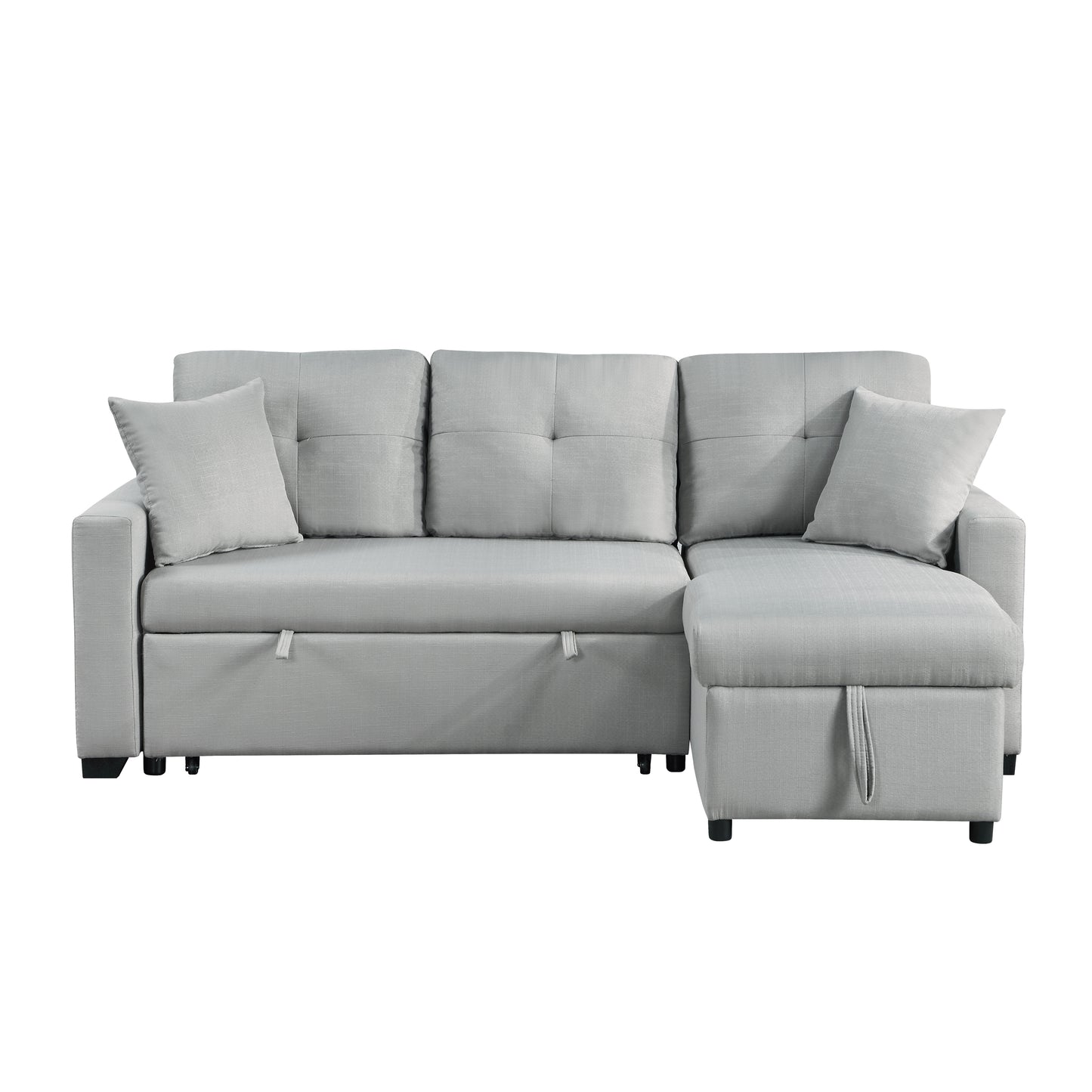 Gray Linen Reversible Sleeper Sectional Sofa with Storage Chaise and Matching Throw Pillows