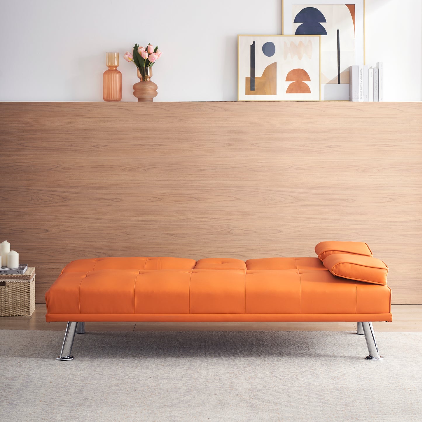 67 Orange Leather Multifunctional Double Folding Sofa Bed with Built-In Coffee Table