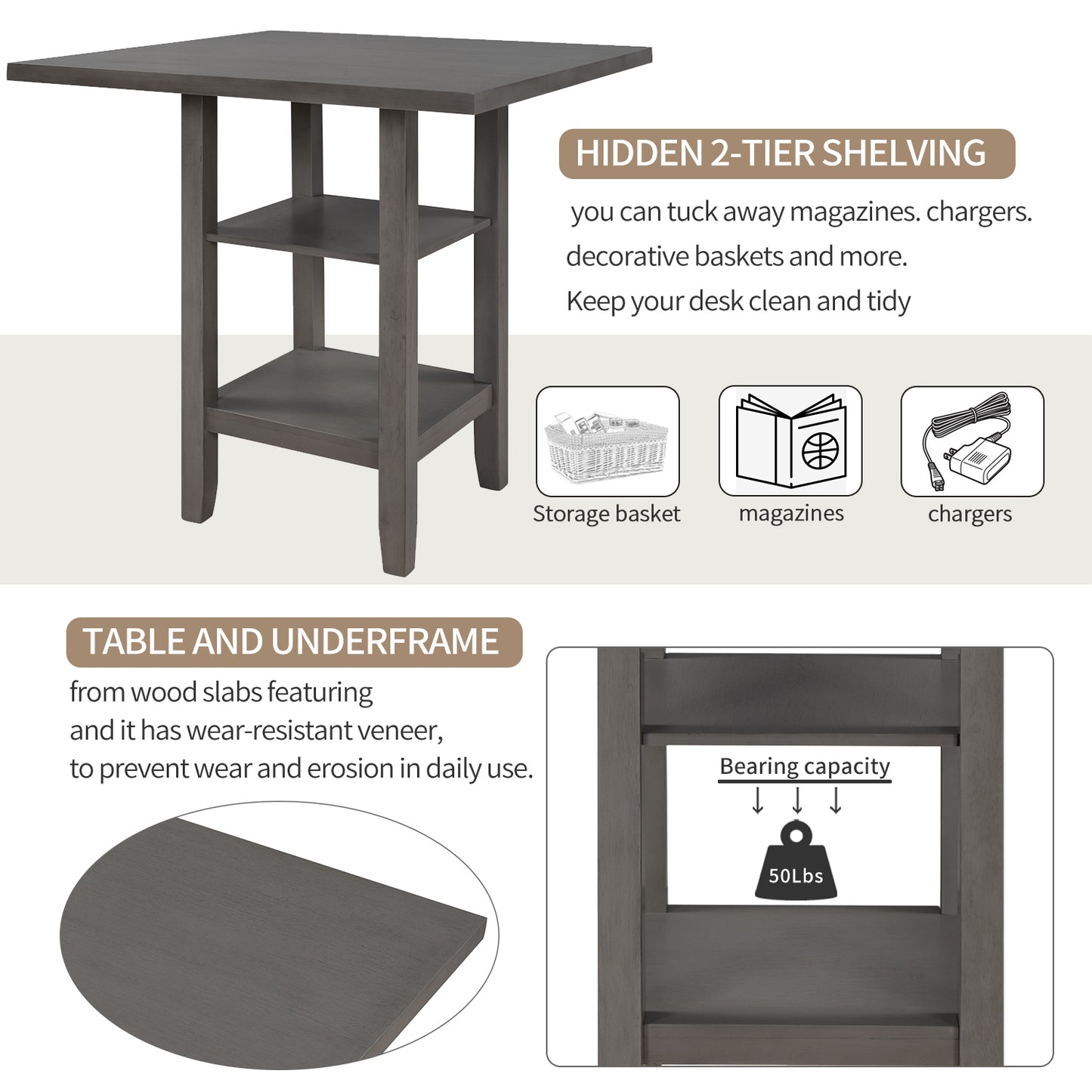 TREXM 5-Piece Wooden Counter Height Dining Set with Padded Chairs and Storage Shelving (Gray)