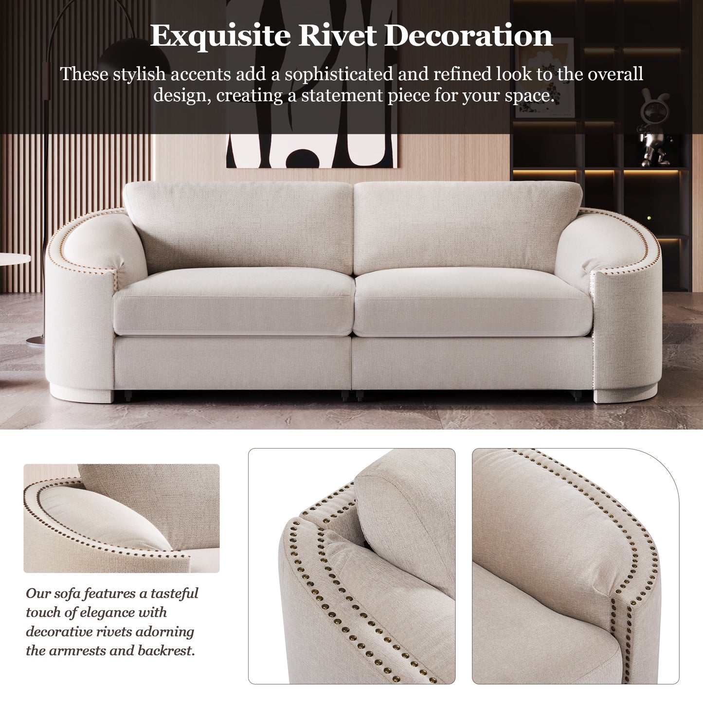 U_Style Stylish Sofa with Semilunar Arm, Rivet Detailing, and Solid Frame for Living Room