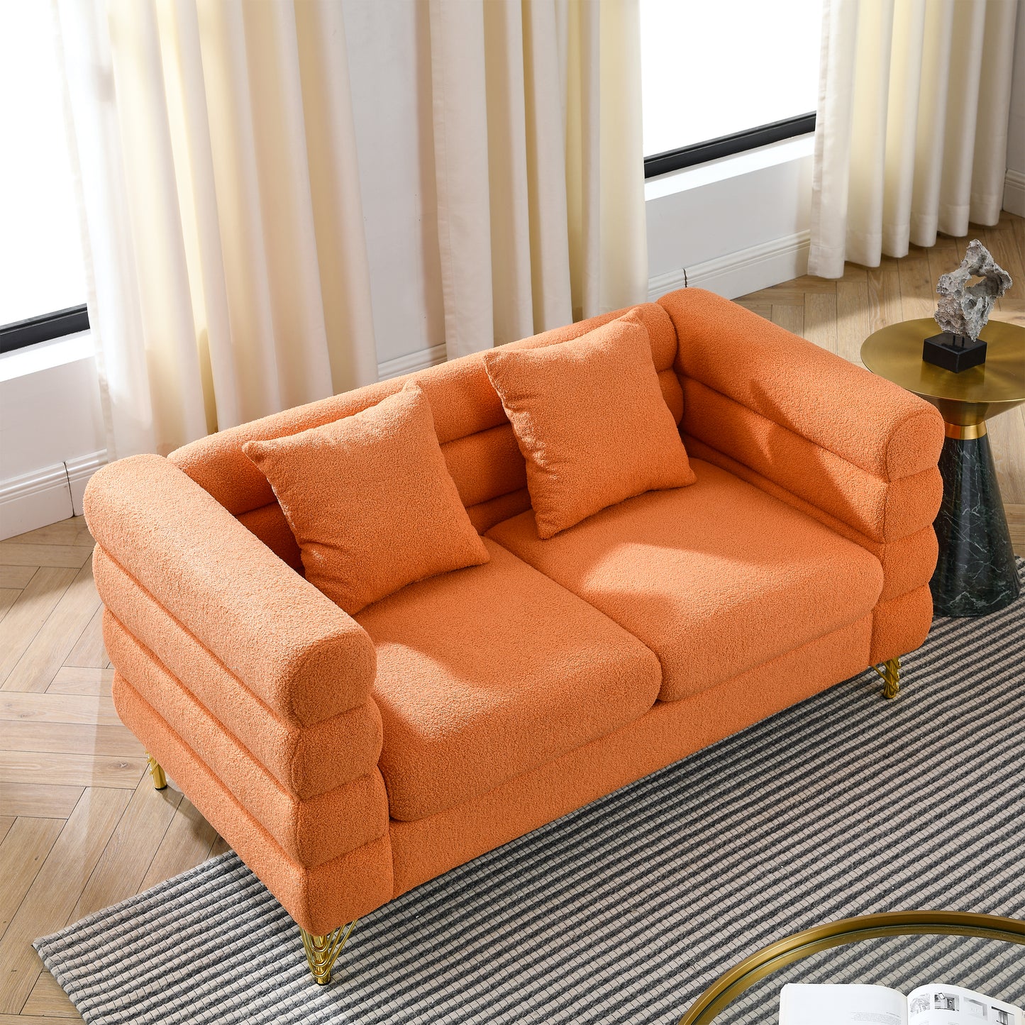 Art Deco Inspired 3-seater + 2-seater Combination Sofa in Orange Teddy Fabric