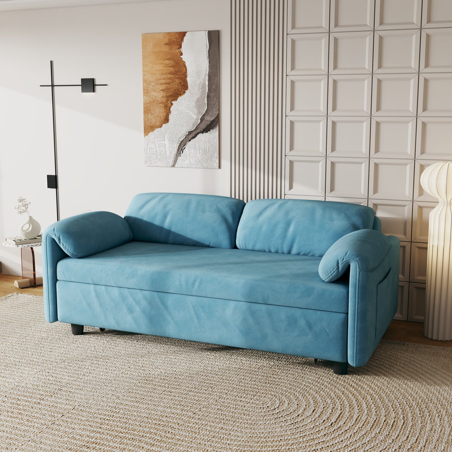 54 Blue Velvet Sofa Bed with Retractable Dual Purpose and Armrest Storage Bag