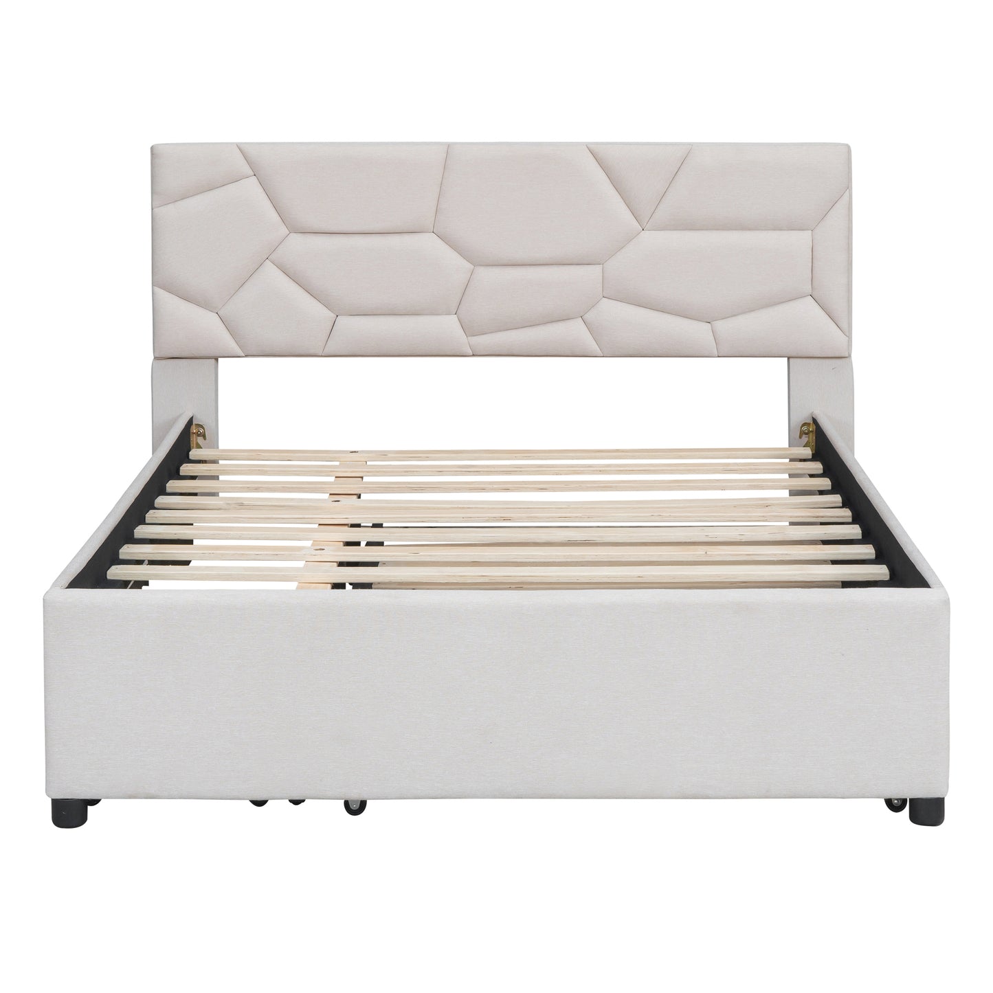 Full Size Upholstered Platform Bed with Brick Pattern Headboard, with Twin Size Trundle and 2 Drawers, Linen Fabric, Beige