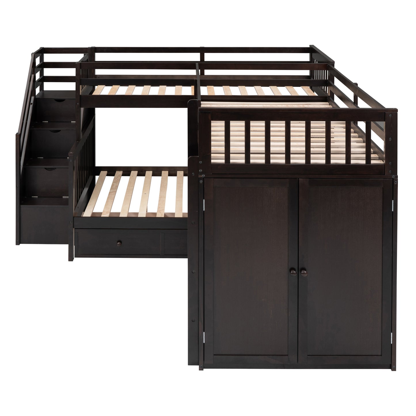 Espresso L-Shaped Bunk Bed with Storage Drawers, Desk, Wardrobe and Maximized Space