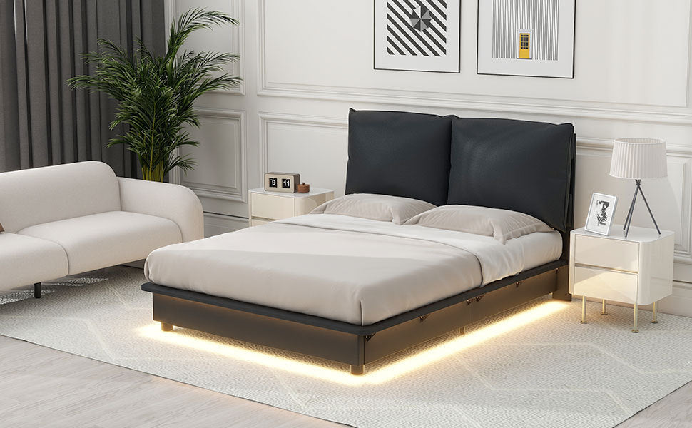 Full Size Upholstered Platform Bed with Sensor Light and Ergonomic Design Backrests, Black