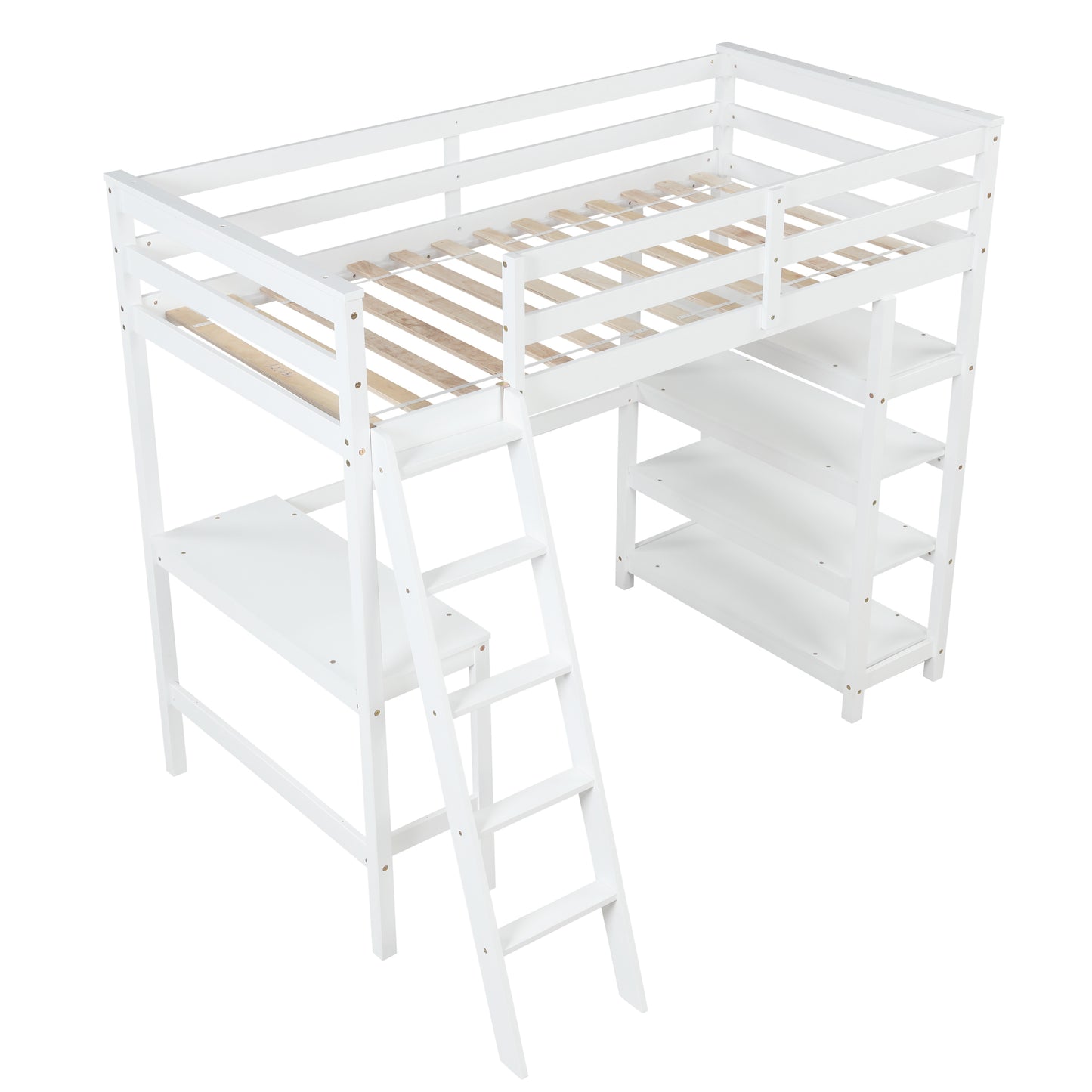 Twin Loft Bed with desk,ladder,shelves , White