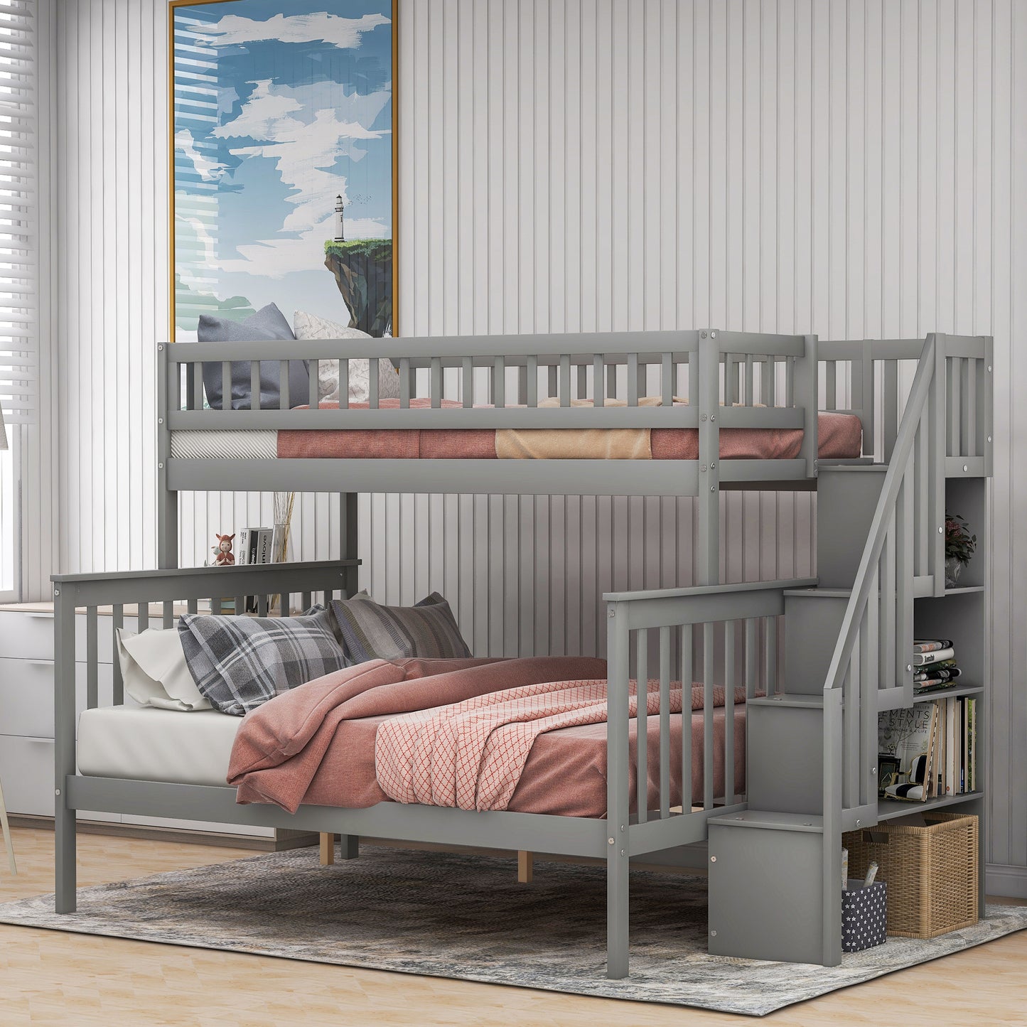 Gray Twin Over Full Storage Bunk Bed with Stairway