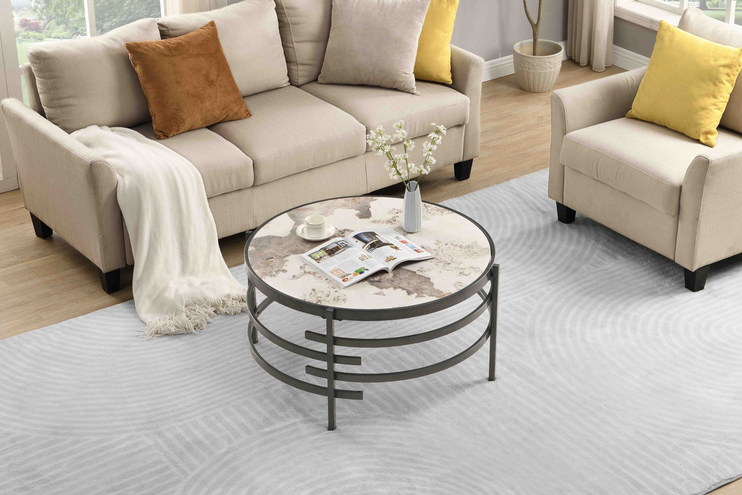 Modern Round Coffee Table with Sintered Stone Top and Robust Metal Frame, Stylish Living Room Centerpiece in Dark Gray