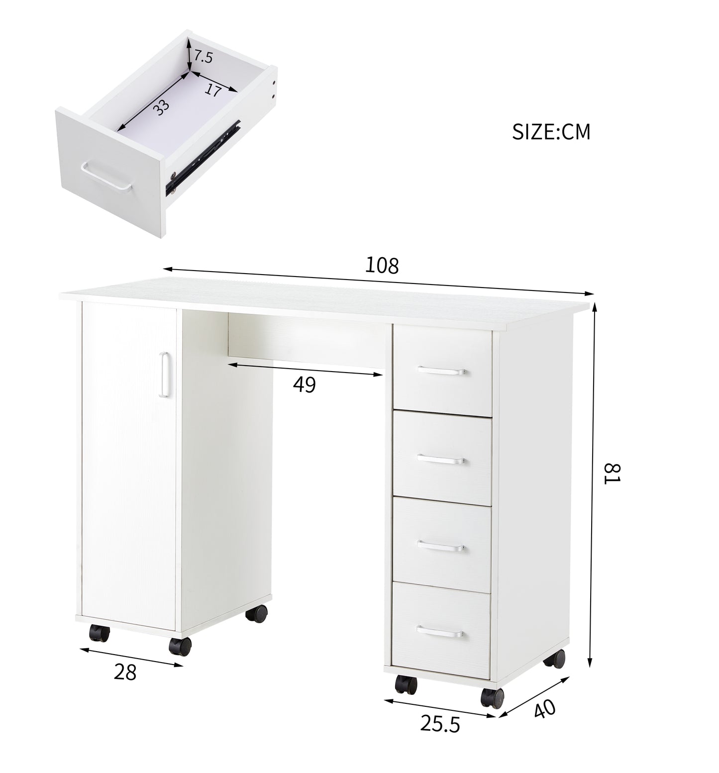 Compact White Computer Desk with Storage Drawers - 41.73‘’L x 17.72\'\'W x 31.5\'\'H