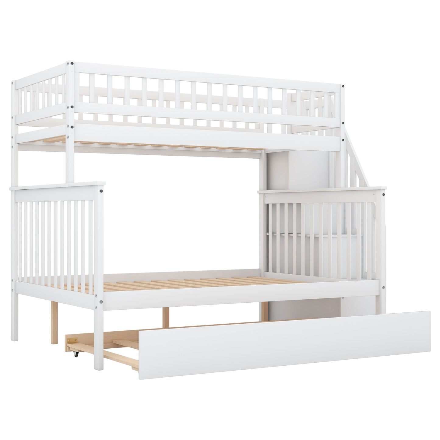 White Twin over Full Bunk Bed with Trundle and Staircase for Shared Sleeping Spaces