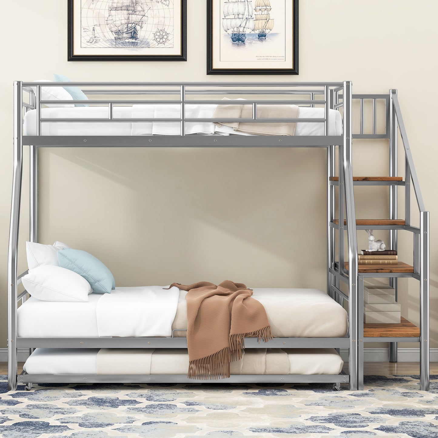 Silver Metal Bunk Bed with Trundle and Storage Staircase