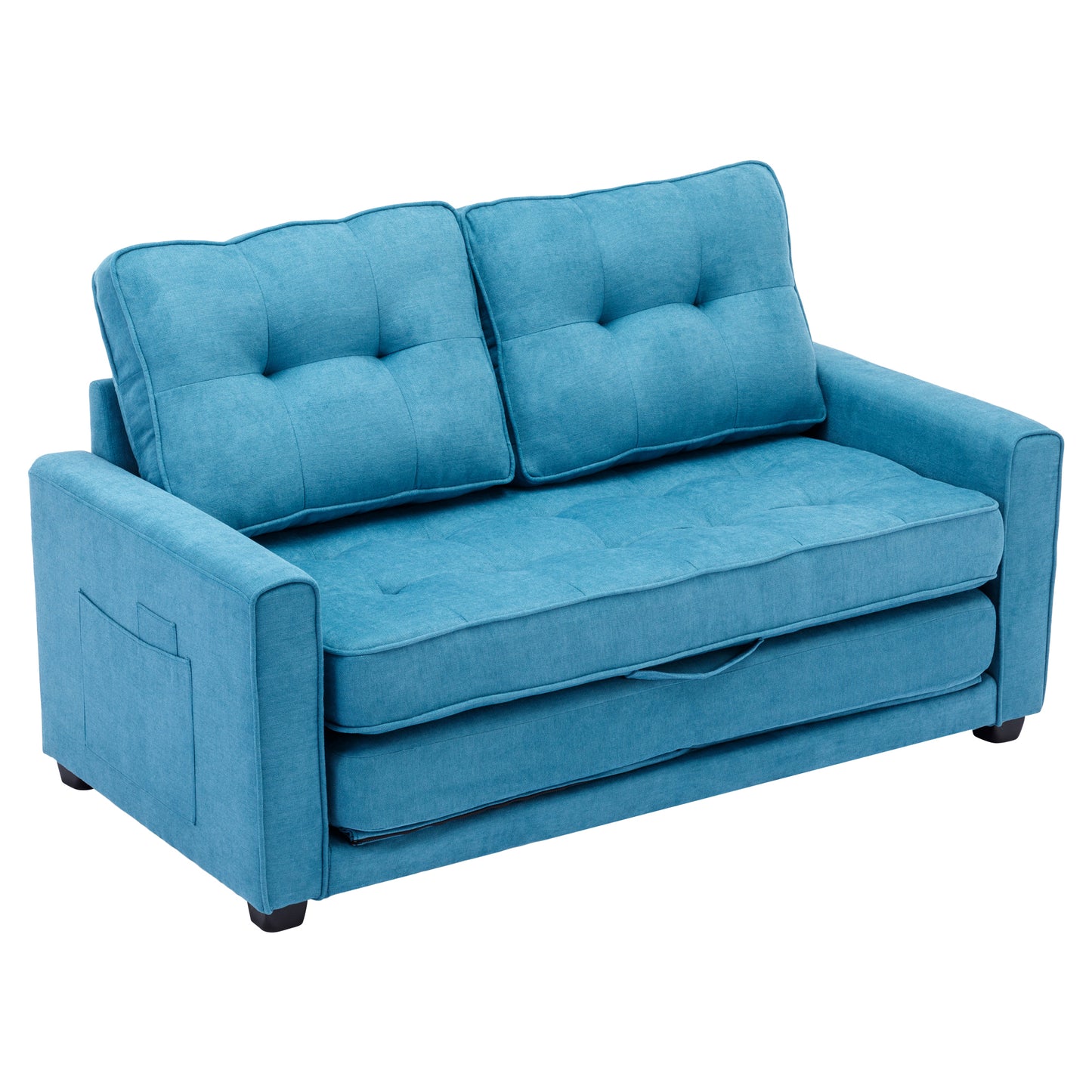 Modern Blue Loveseat Sofa with Pull-Out Bed and Storage Pockets