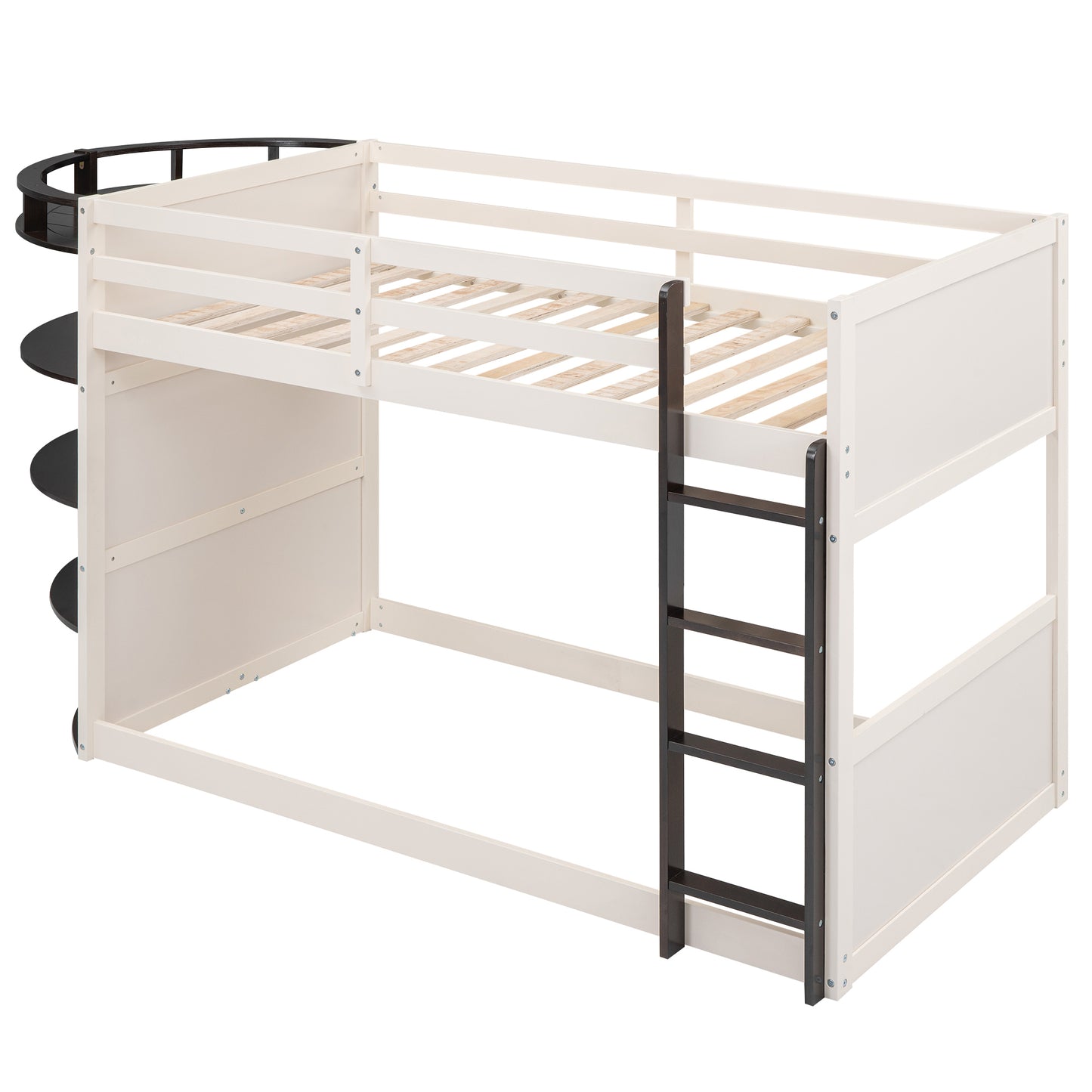 Boat-Themed Bunk Bed with Storage Shelves, Cream+Espresso