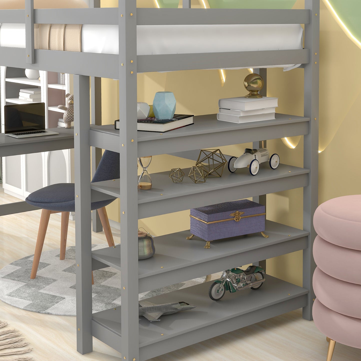 Loft Bed Twin with desk,ladder,shelves , Grey