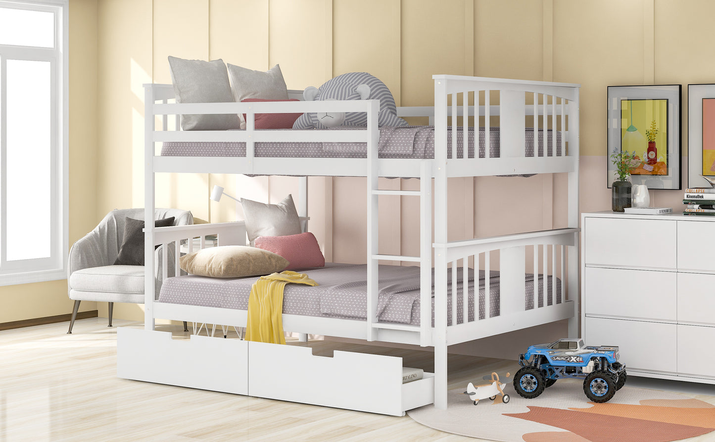 Elegant White Full Over Full Bunk Bed with Storage and Safety Features