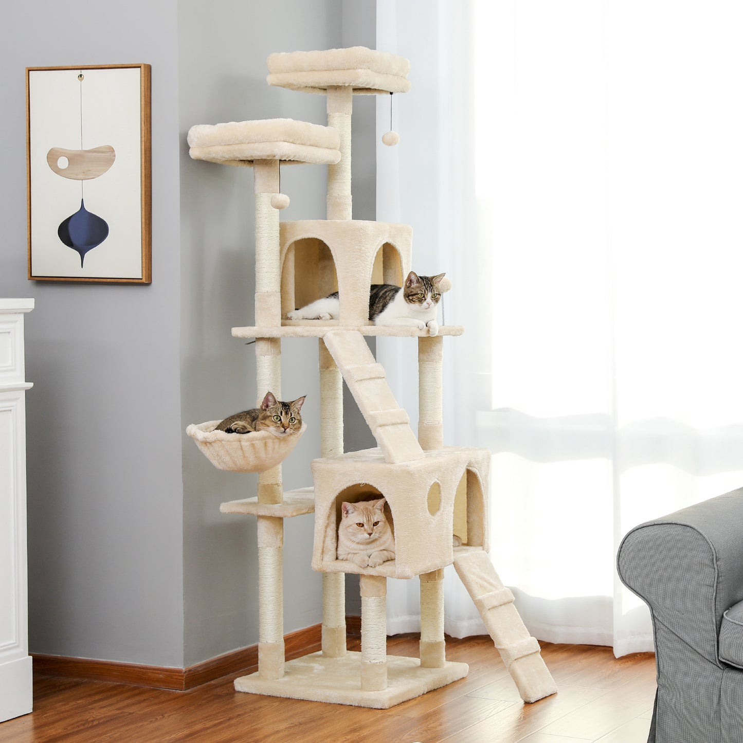 Cat Tree 69 Inches Cat Tower with 2 Condos and 2 Perches, Kitty Climber Tower Furniture, Upgraded Version Beige