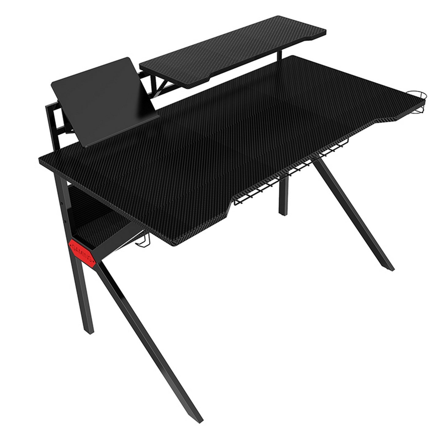 Sleek Gaming Desk with Innovative Design and Carbon Fiber Shelves