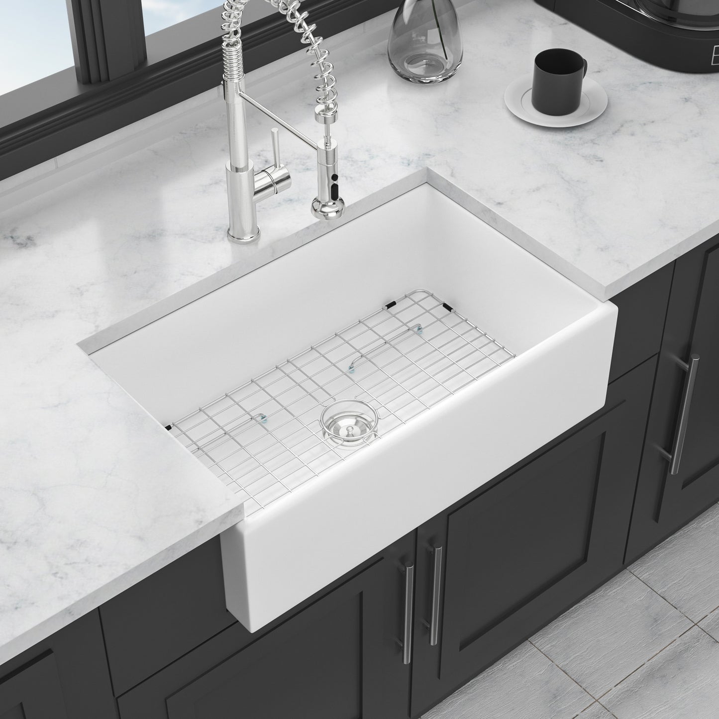 30-Inch White Farmhouse Sink with Stainless Steel Accessories