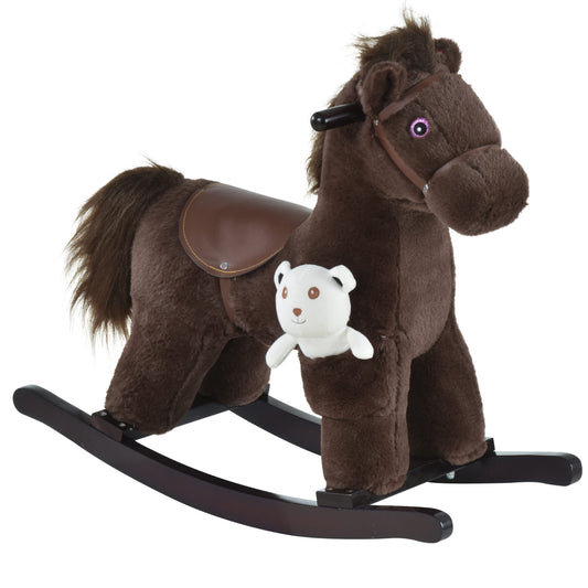 Kids Plush Ride-On Rocking Horse with Bear Toy, Children Chair with Soft Plush Toy & Fun Realistic Sounds, Brown