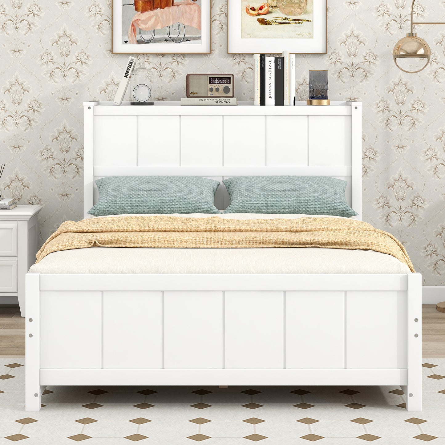 Full Size Platform Bed with Drawers and Storage Shelves, White