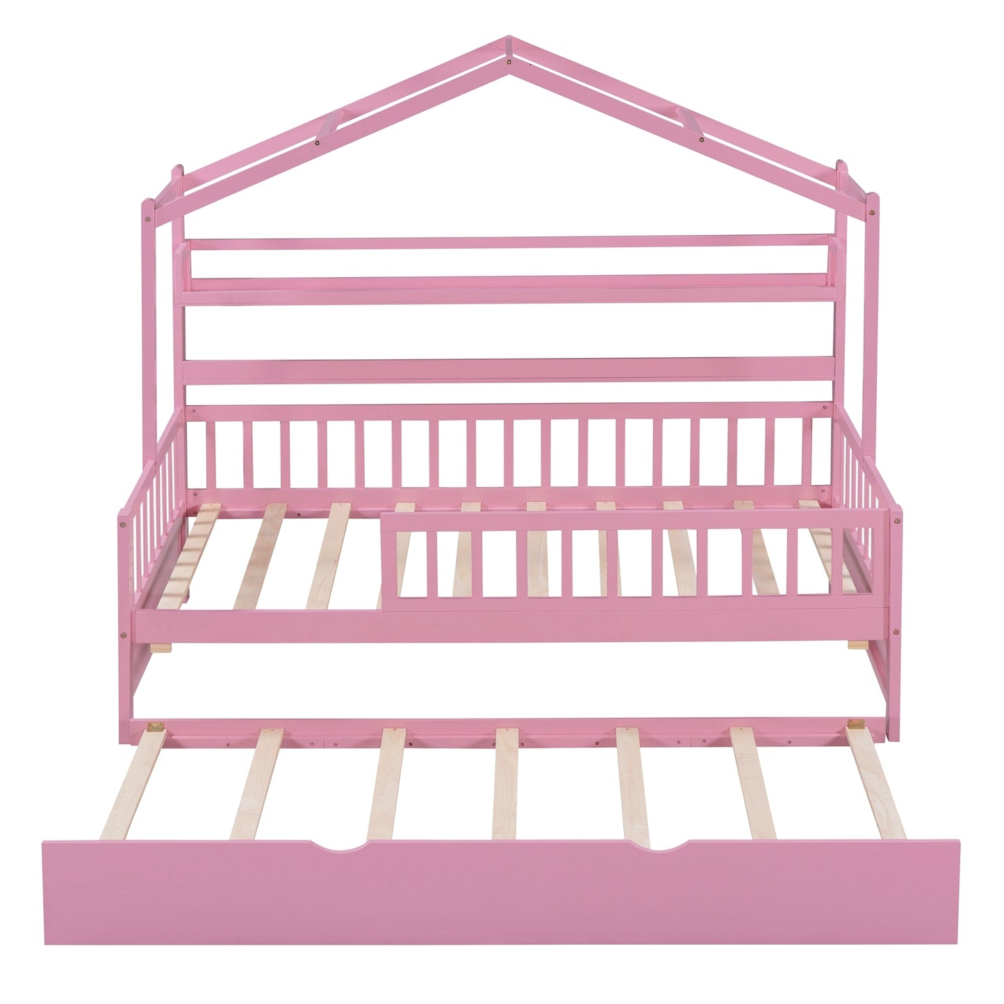 Wooden Twin Size House Bed with Trundle,Kids Bed with Shelf, Pink