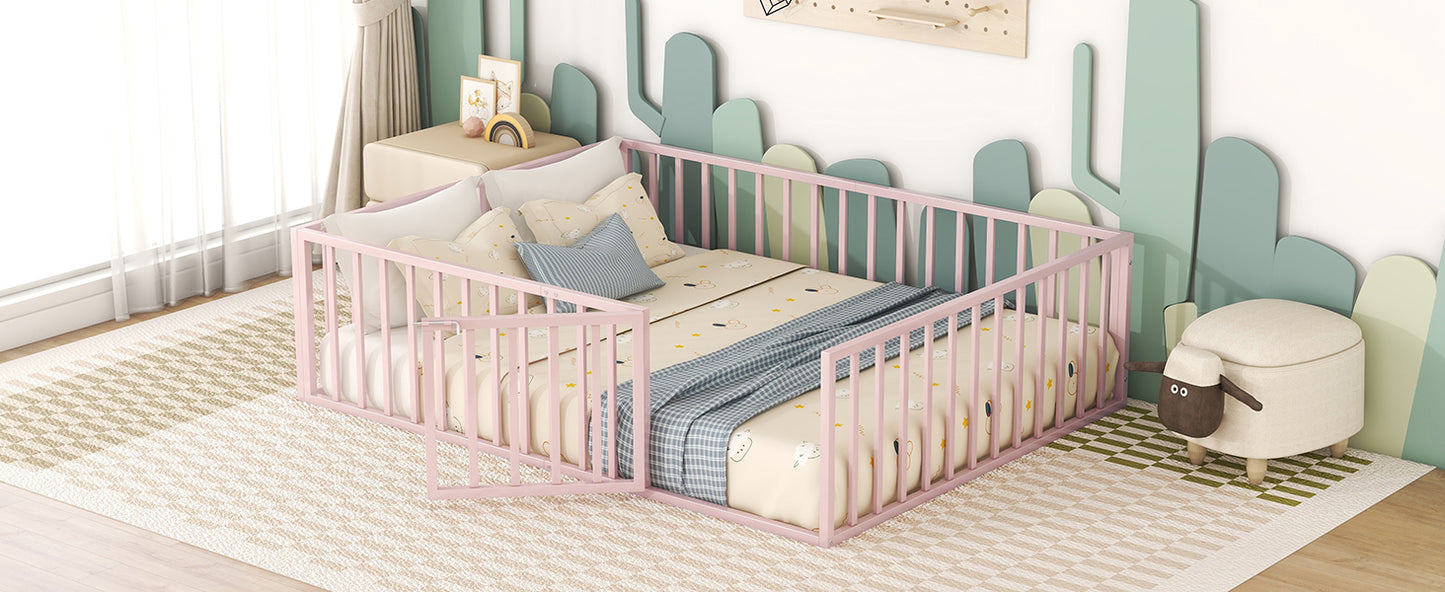 Queen Size Metal Floor Bed Frame with Fence and Door, Pink