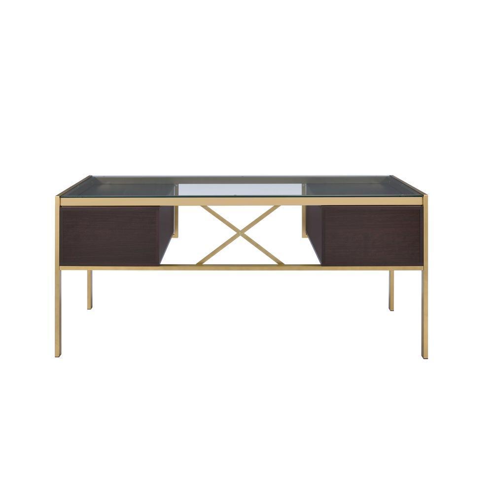 Sophisticated Gold and Clear Glass Writing Desk with Wooden Drawers and Industrial Touch