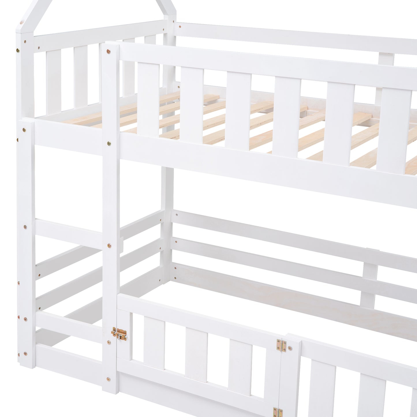 Enchanted White Twin over Twin House Bunk Bed with Playful Fence and Entryway