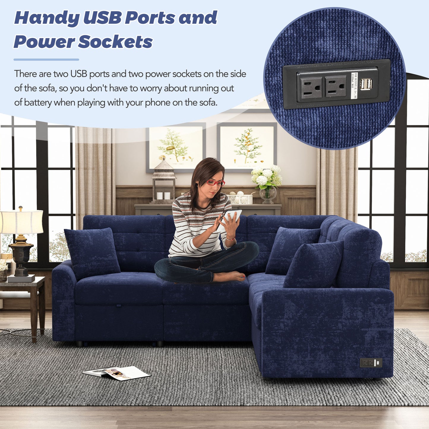 Convertible Navy Blue L-Shape Sleeper Sofa with USB Ports and Power Sockets