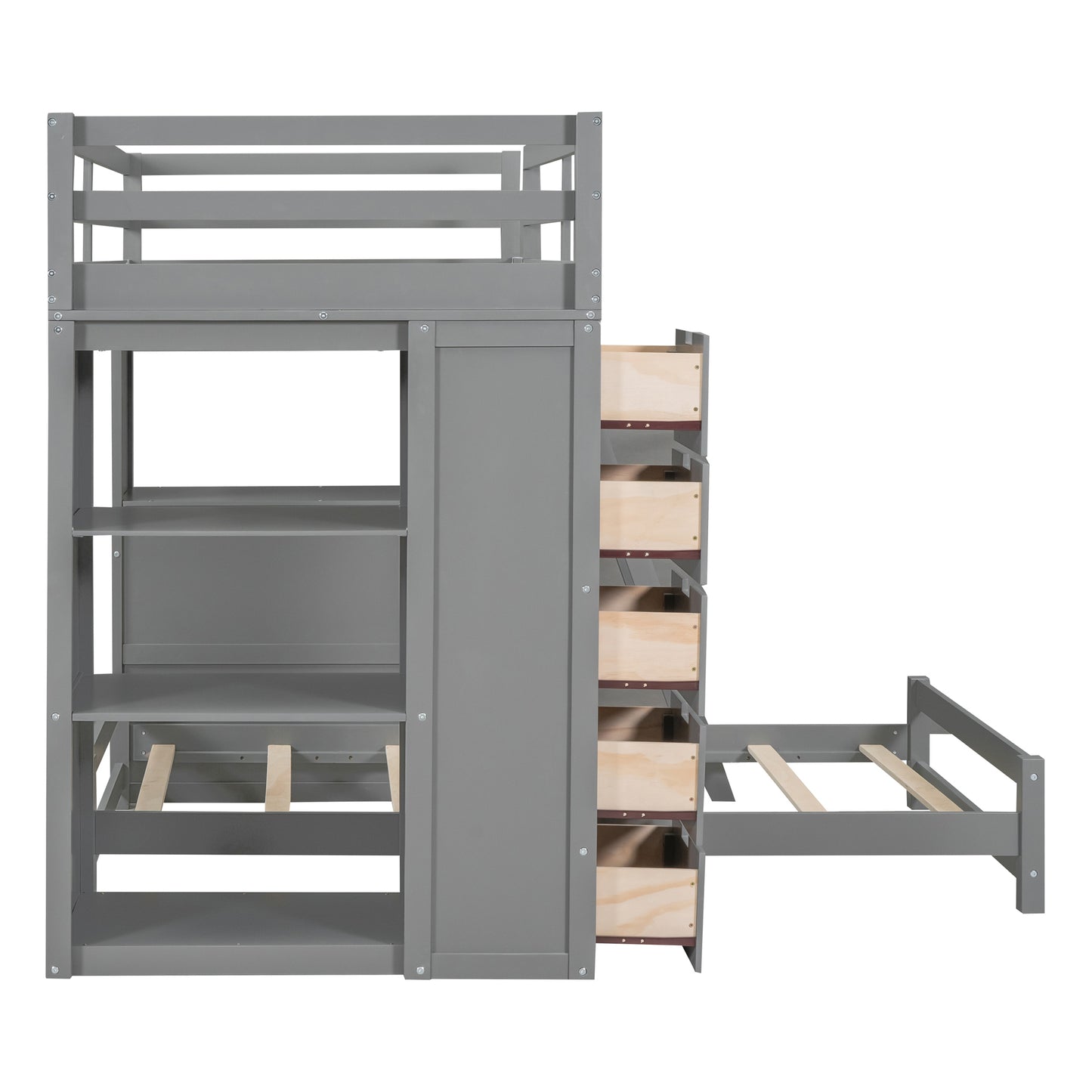 Twin Over Twin Gray Bunk Bed with LED Light, USB Ports, and Storage Space