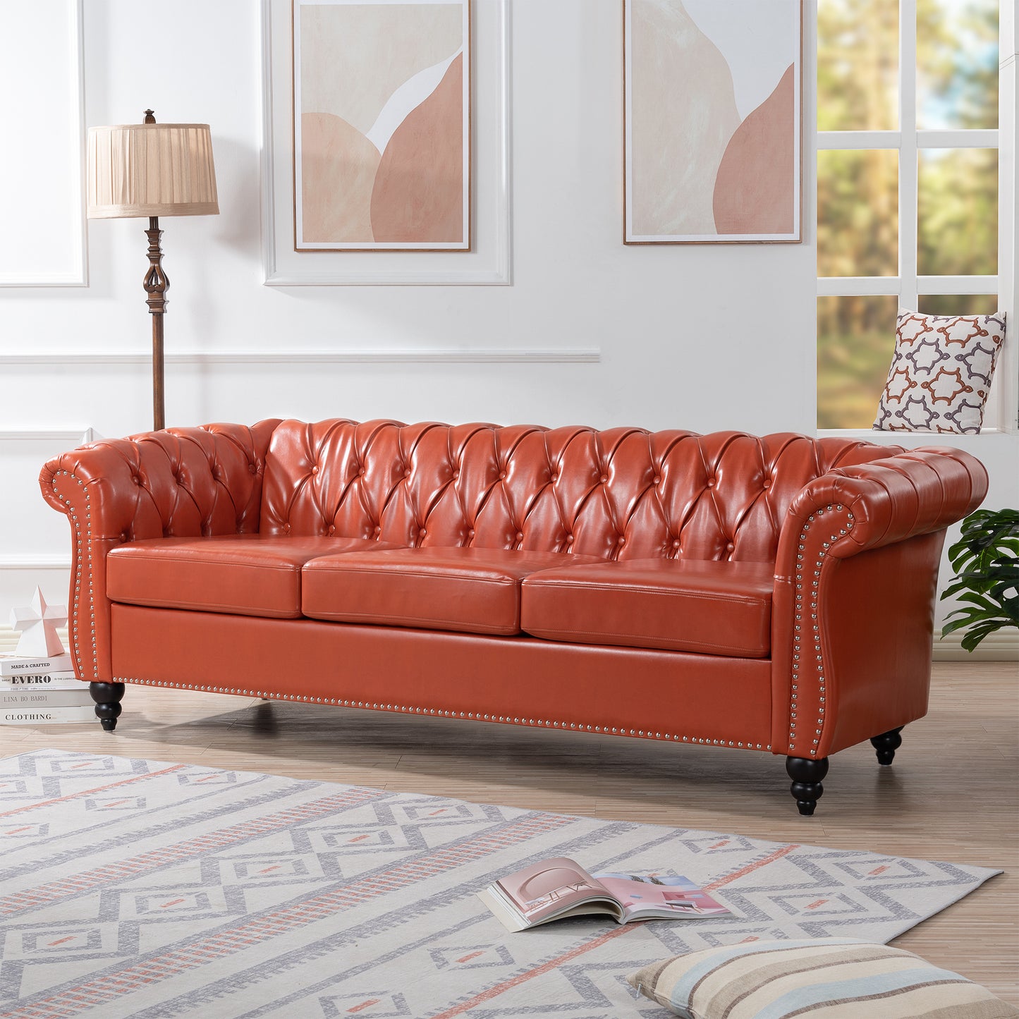 Classic Design 3-Seater Sofa with Rolled Arms and Chesterfield Look