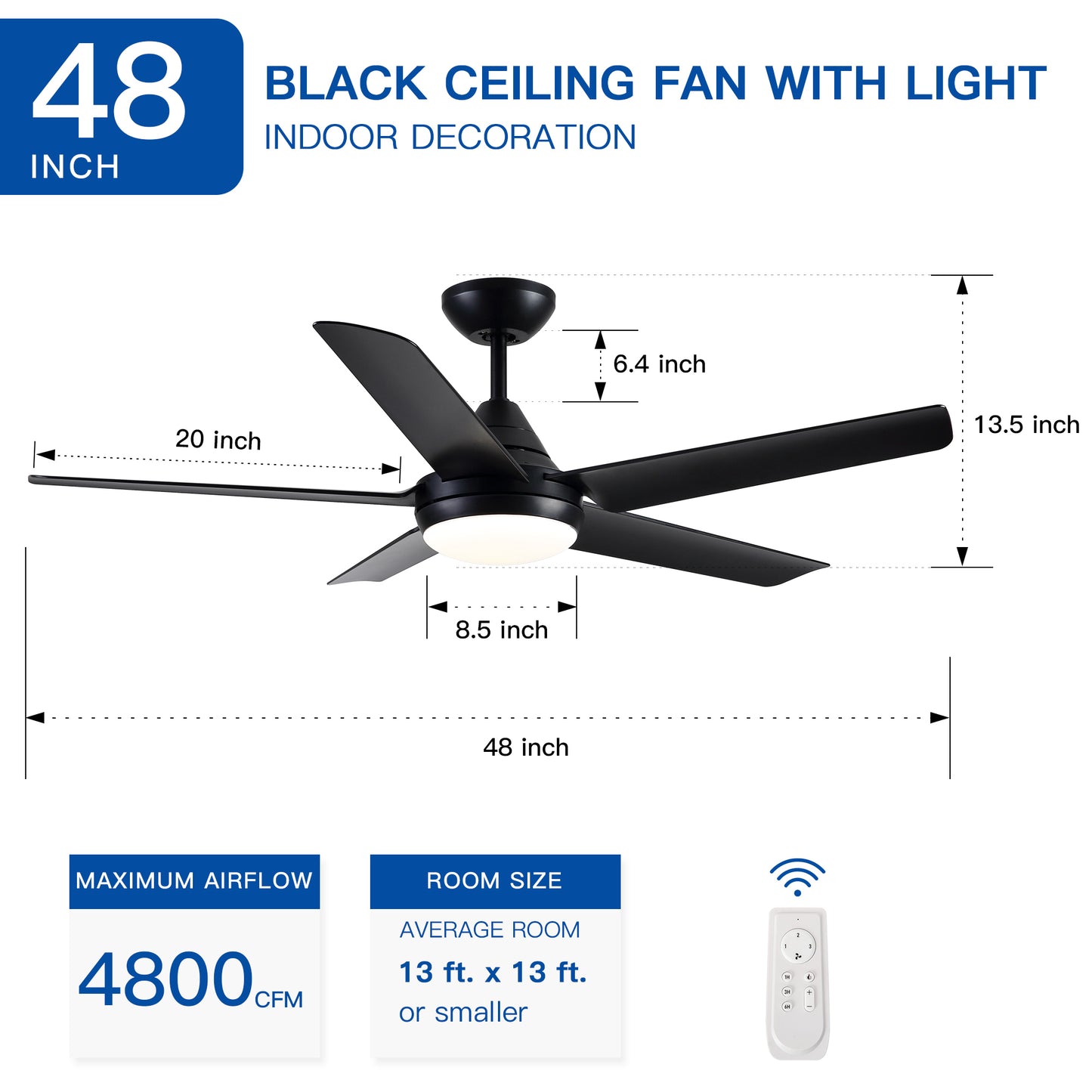 48-Inch Modern Black Ceiling Fan with Integrated LED Light and Color Changing Technology