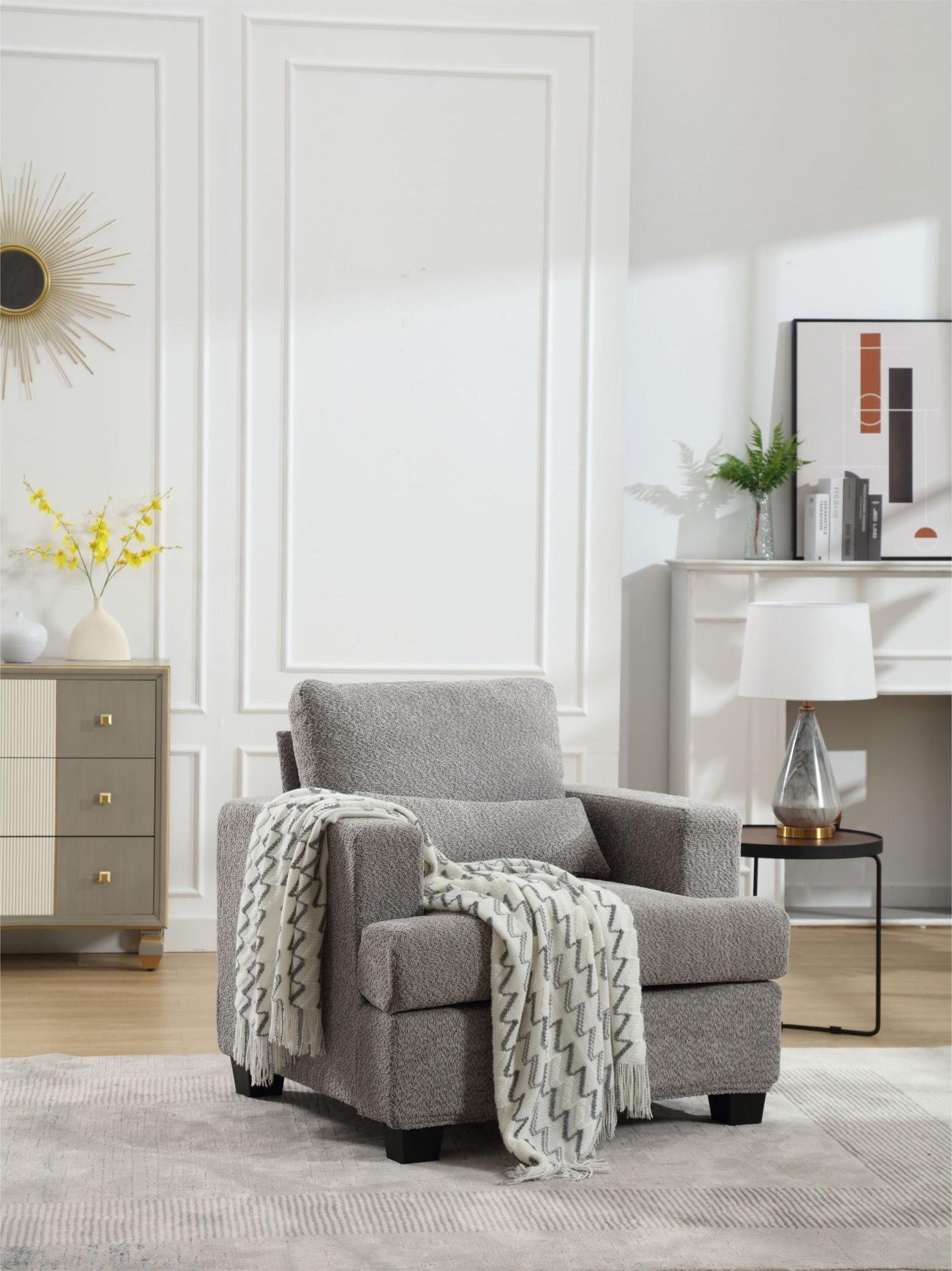 Elegant White and Gray Modern Chair for Living Room or Sofas, with Square Armrest and Removable Back Cushion