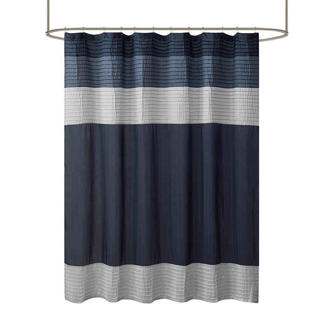 Navy Faux Silk Shower Curtain with Elegant Pintucked Design