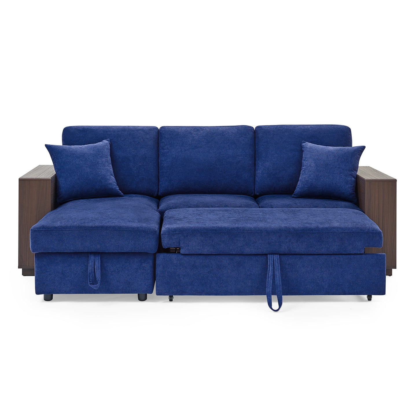 Sectional Sofa with Pulled Out Bed, 2 Seats Sofa and Reversible Chaise with Storage, MDF Shelf Armrest, Two Pillows, Navy Blue, (88" x52" x 34")