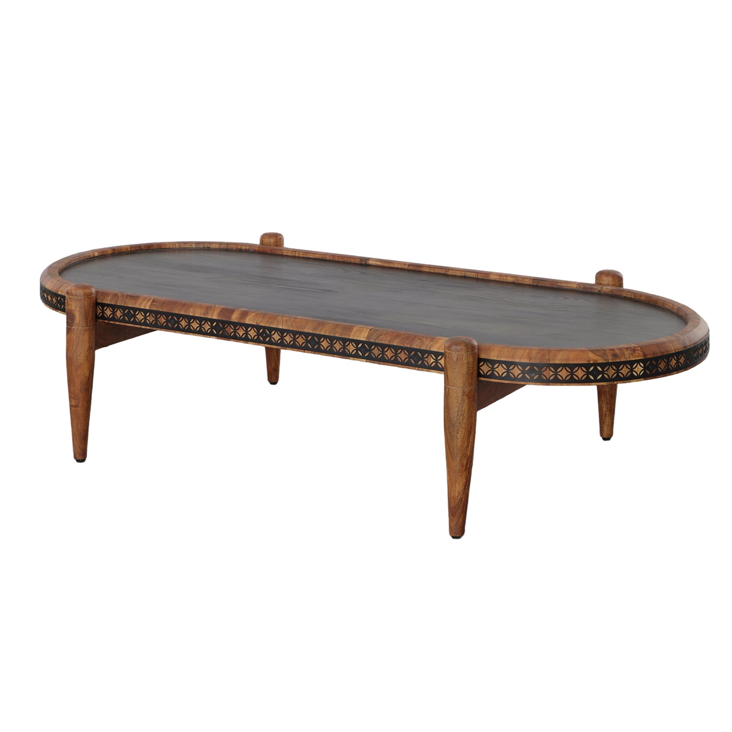 Acacia Wood and Metal Oval Nesting Coffee Table Set, Brown/Black, 50 & 39 Inch