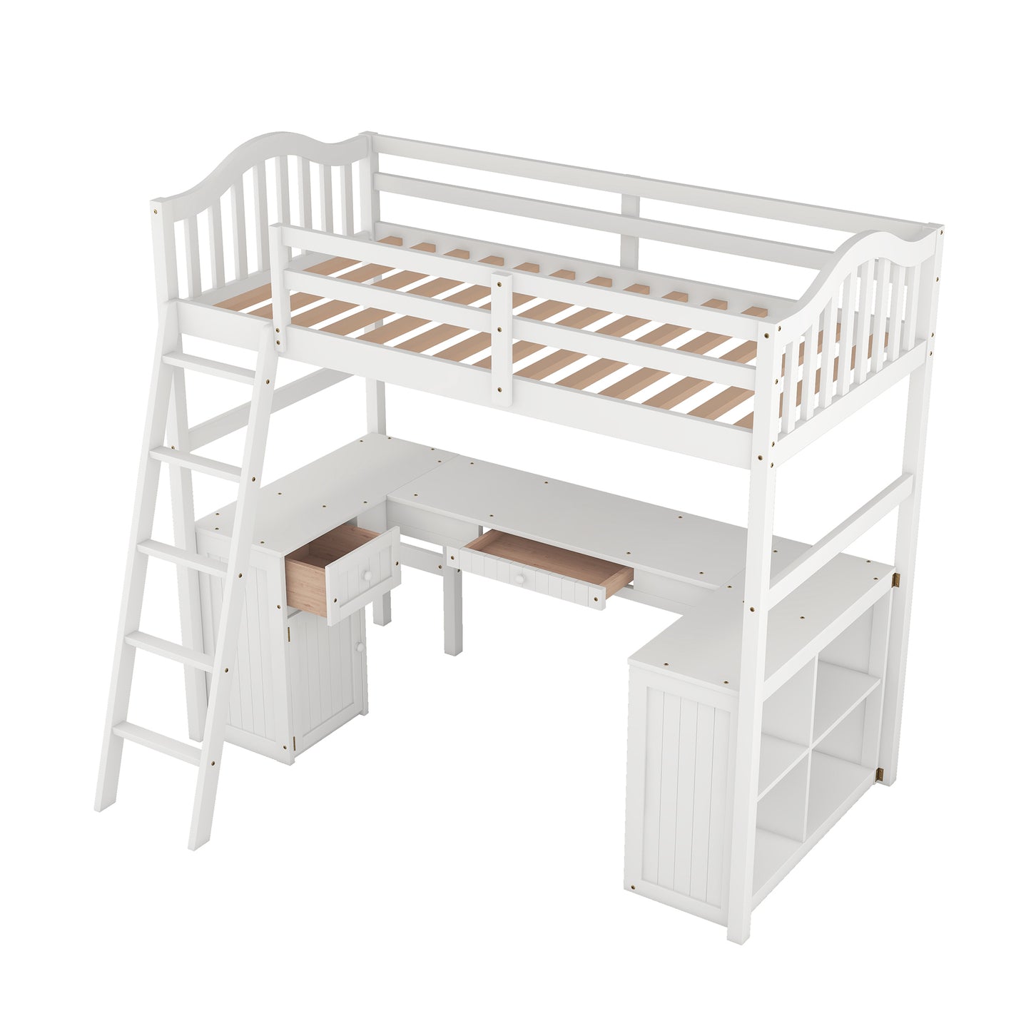 Twin size Loft Bed with Drawers, Cabinet, Shelves and Desk, Wooden Loft Bed with Desk - White( :LT000505AAK)