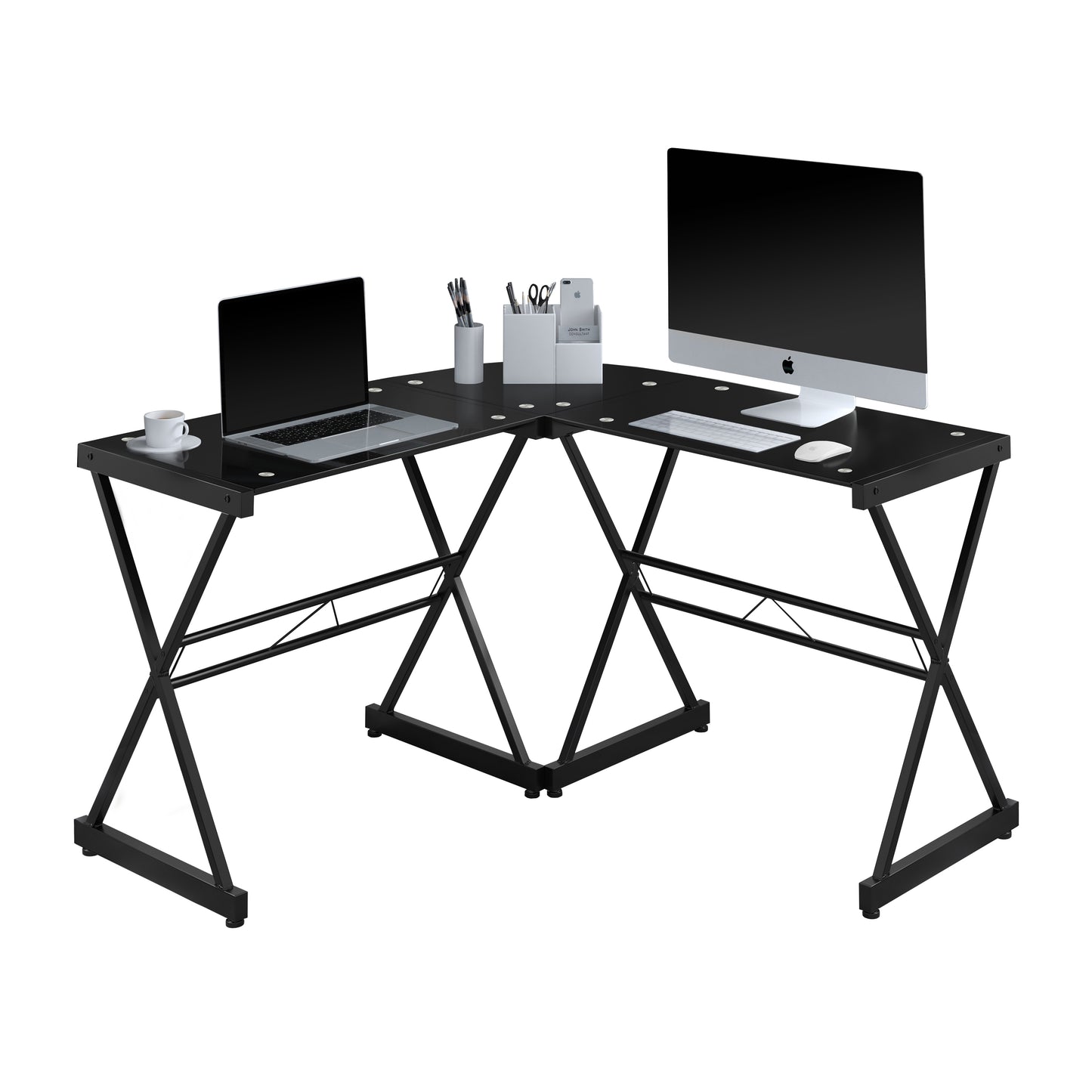 Sleek Black L-Shaped Glass Desk with Cross Frame Design