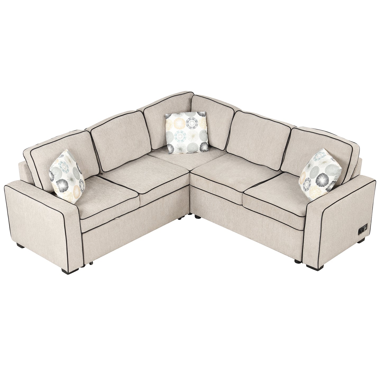 83 Cream Convertible L-Shaped Sleeper Sofa with USB Ports and Power Sockets