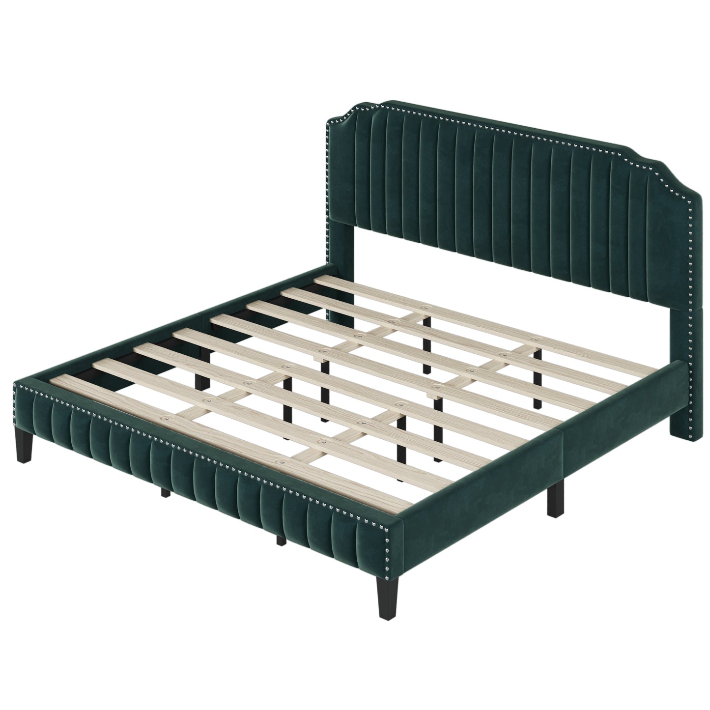 Modern Velvet Curved Upholstered Platform Bed , Solid Wood Frame , Nailhead Trim, Green (King)